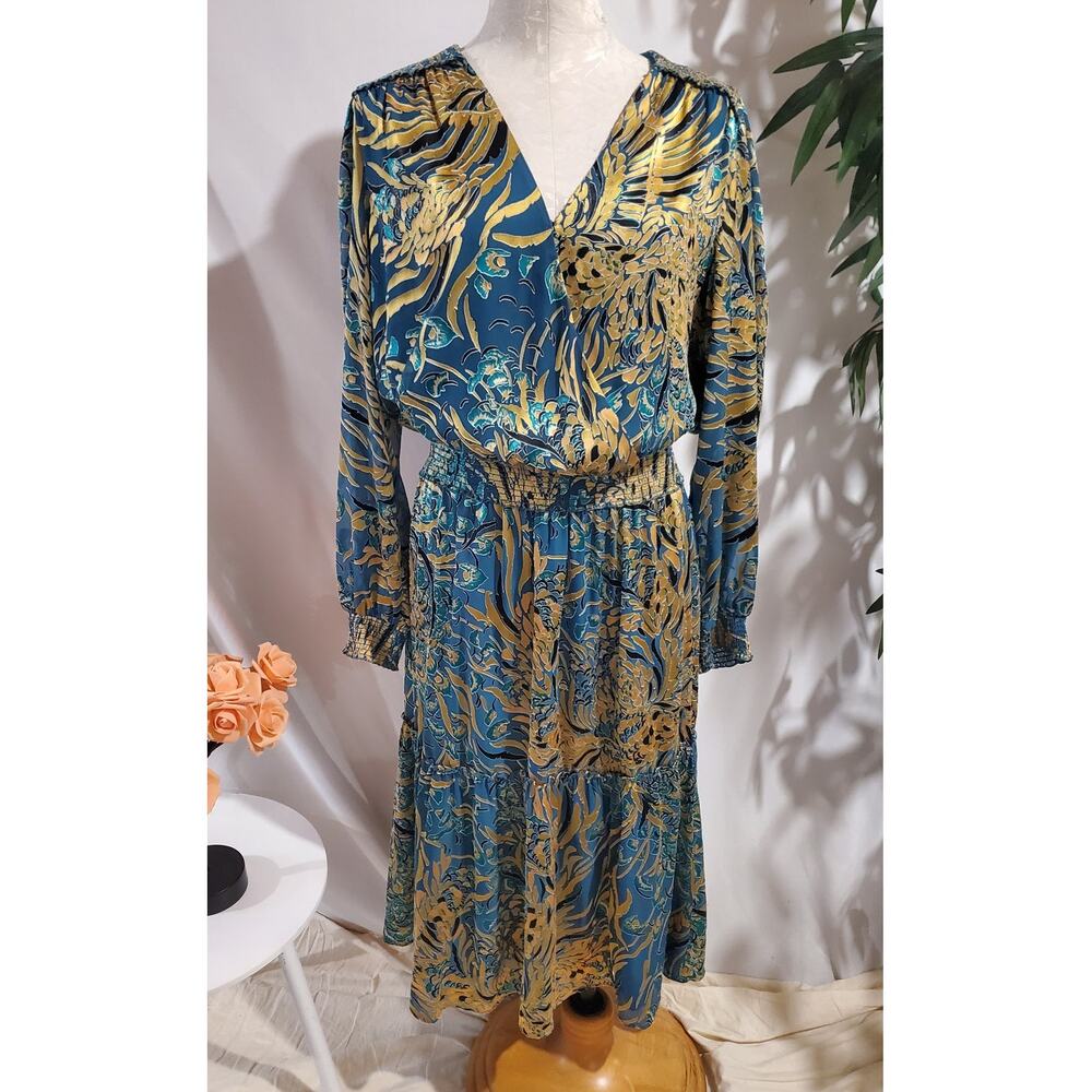 White House Black Market NWT Smocked Waist Long Sleeve Midi Dress Size 12 Flight